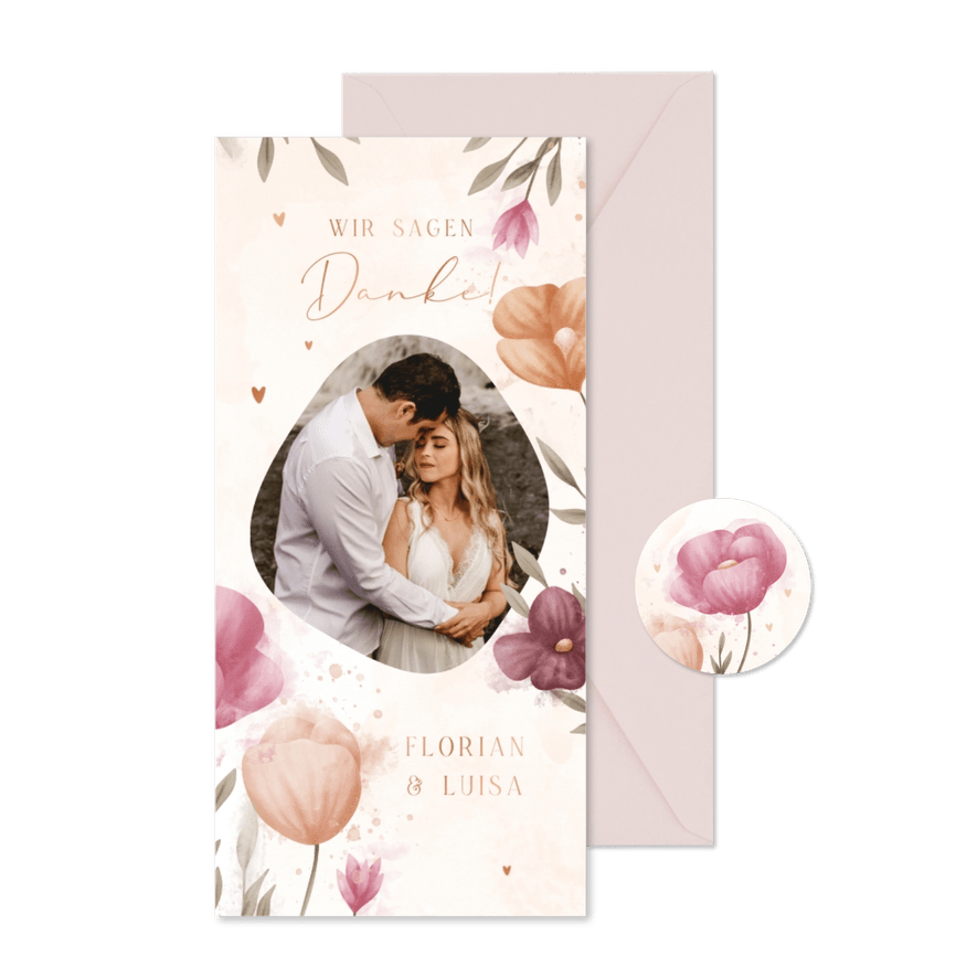 Dankeskarte Hochzeit Foto elegante Blumen Aquarell - Karteneindruck