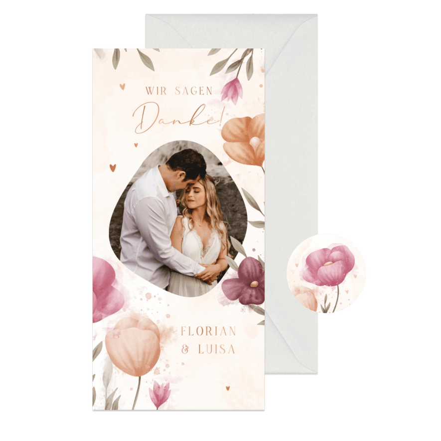 Dankeskarte Hochzeit Foto elegante Blumen Aquarell - Karteneindruck
