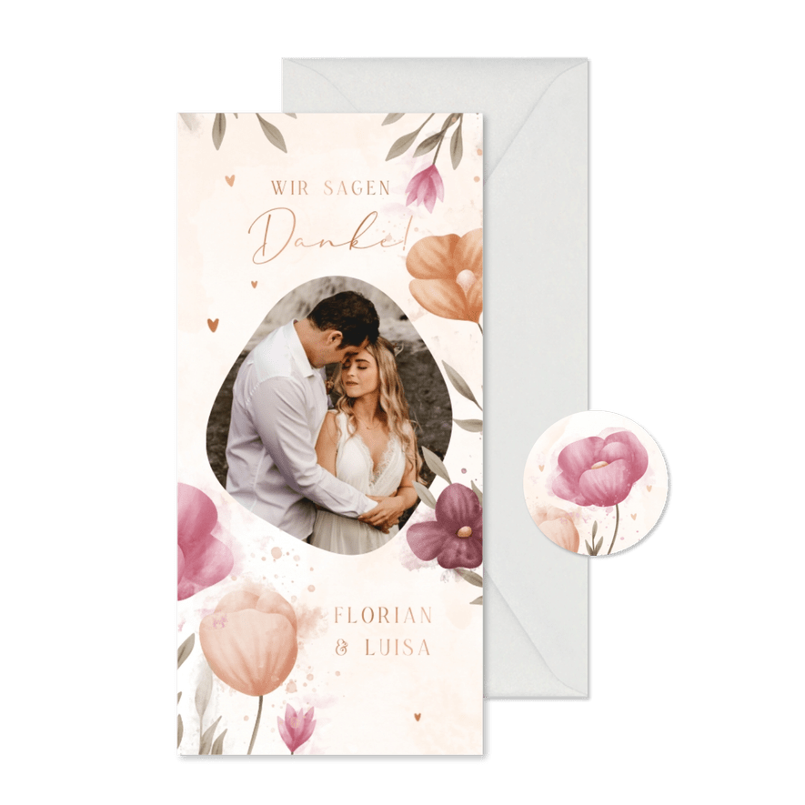 Dankeskarte Hochzeit Foto elegante Blumen Aquarell - Karteneindruck
