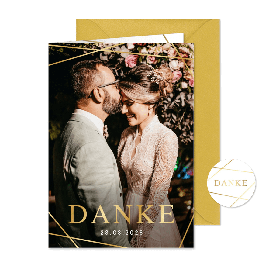 Dankeskarte Hochzeit Foto Linienspiel gold - Karteneindruck