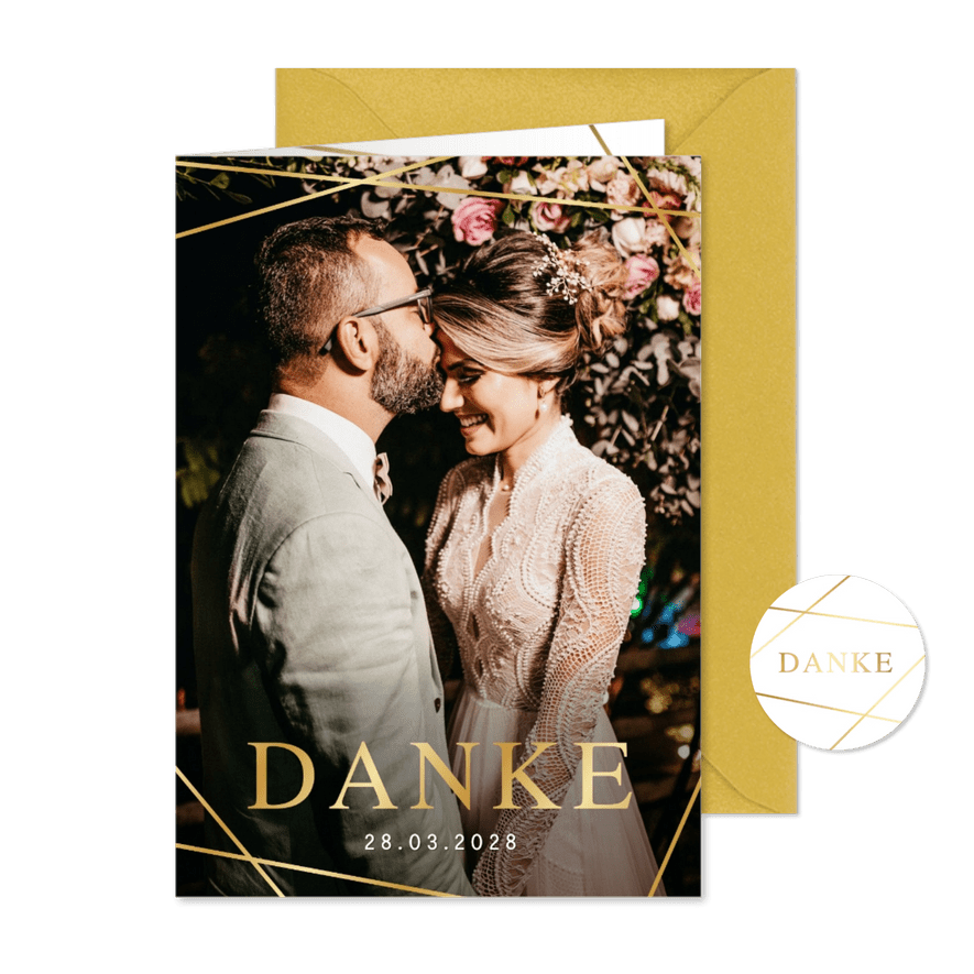 Dankeskarte Hochzeit Foto Linienspiel gold - Karteneindruck
