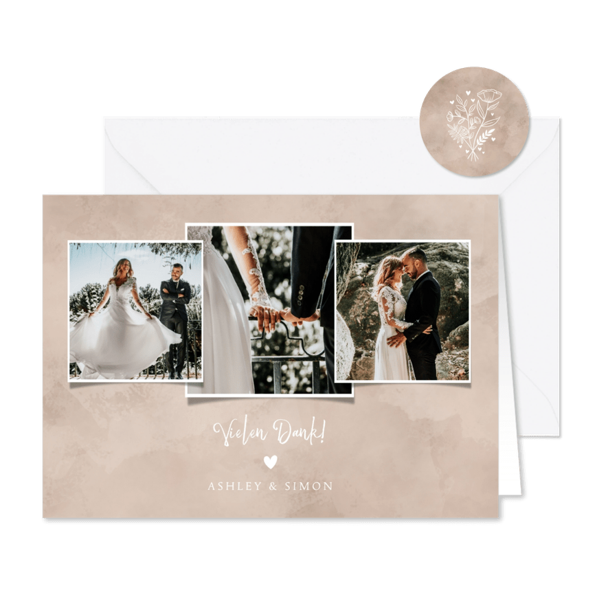 Dankeskarte Hochzeit Fotocollage altrosa - Karteneindruck