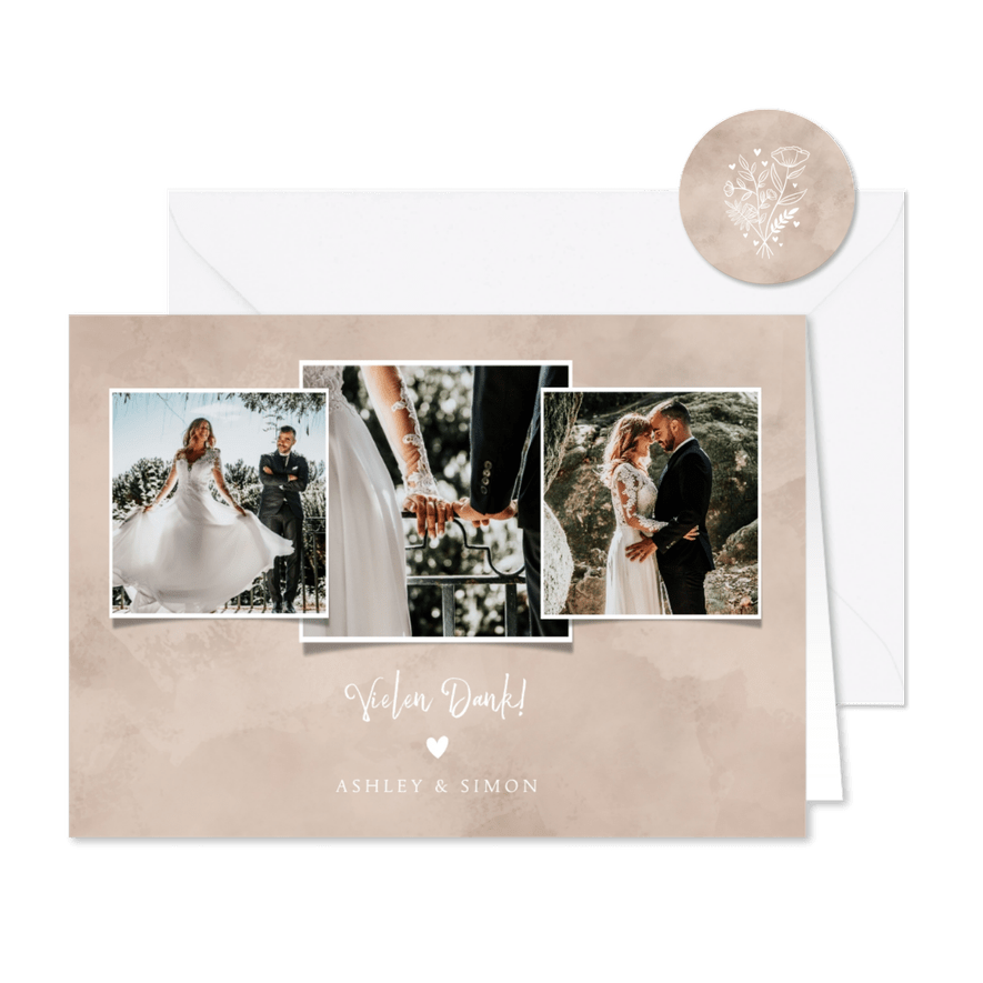 Dankeskarte Hochzeit Fotocollage altrosa - Karteneindruck