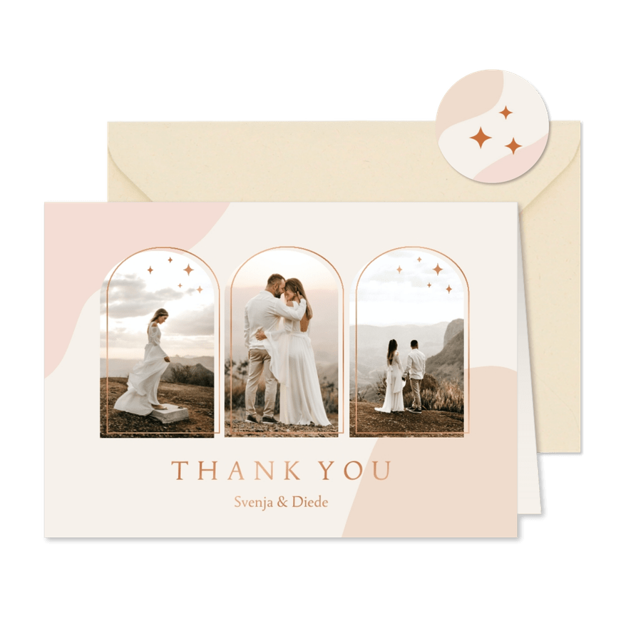 Dankeskarte Hochzeit Fotocollage Bogenfenster Kupfer - Karteneindruck
