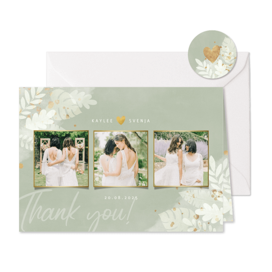 Dankeskarte Hochzeit Fotocollage botanisch Dschungelblätter - Karteneindruck
