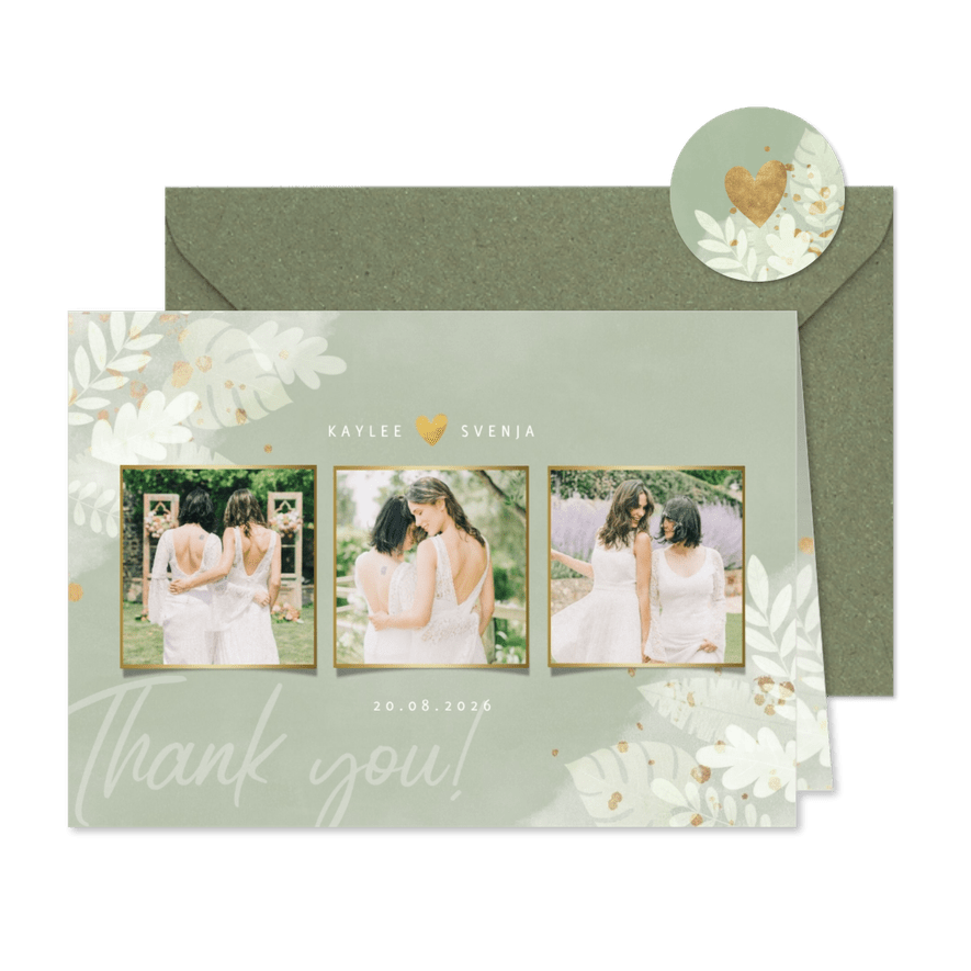Dankeskarte Hochzeit Fotocollage botanisch Dschungelblätter - Kartenvorschau
