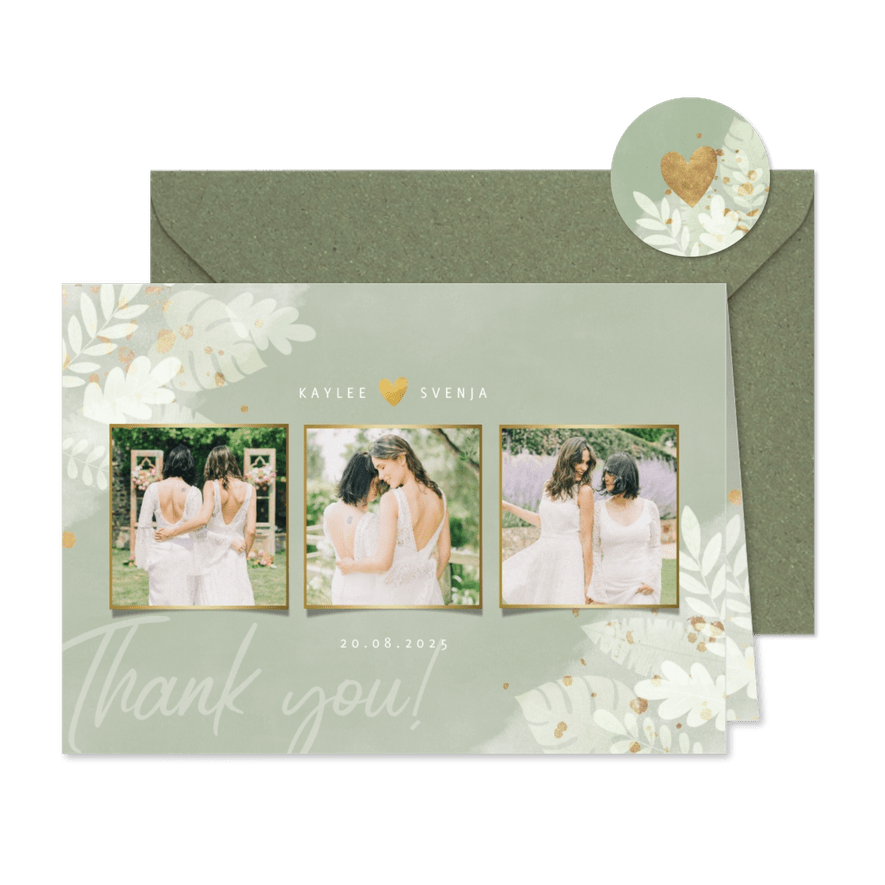 Dankeskarte Hochzeit Fotocollage botanisch Dschungelblätter - Karteneindruck
