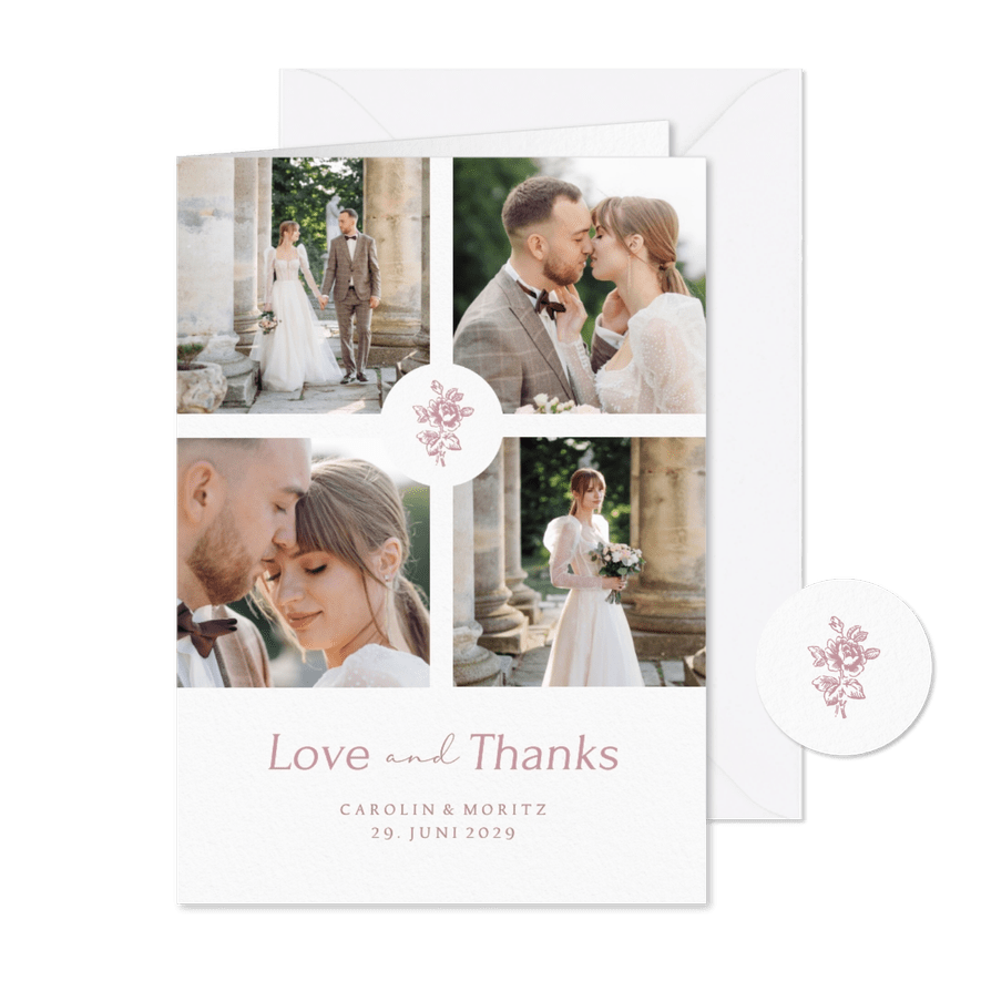 Dankeskarte Hochzeit Fotocollage romantische Rosen rosa - Karteneindruck
