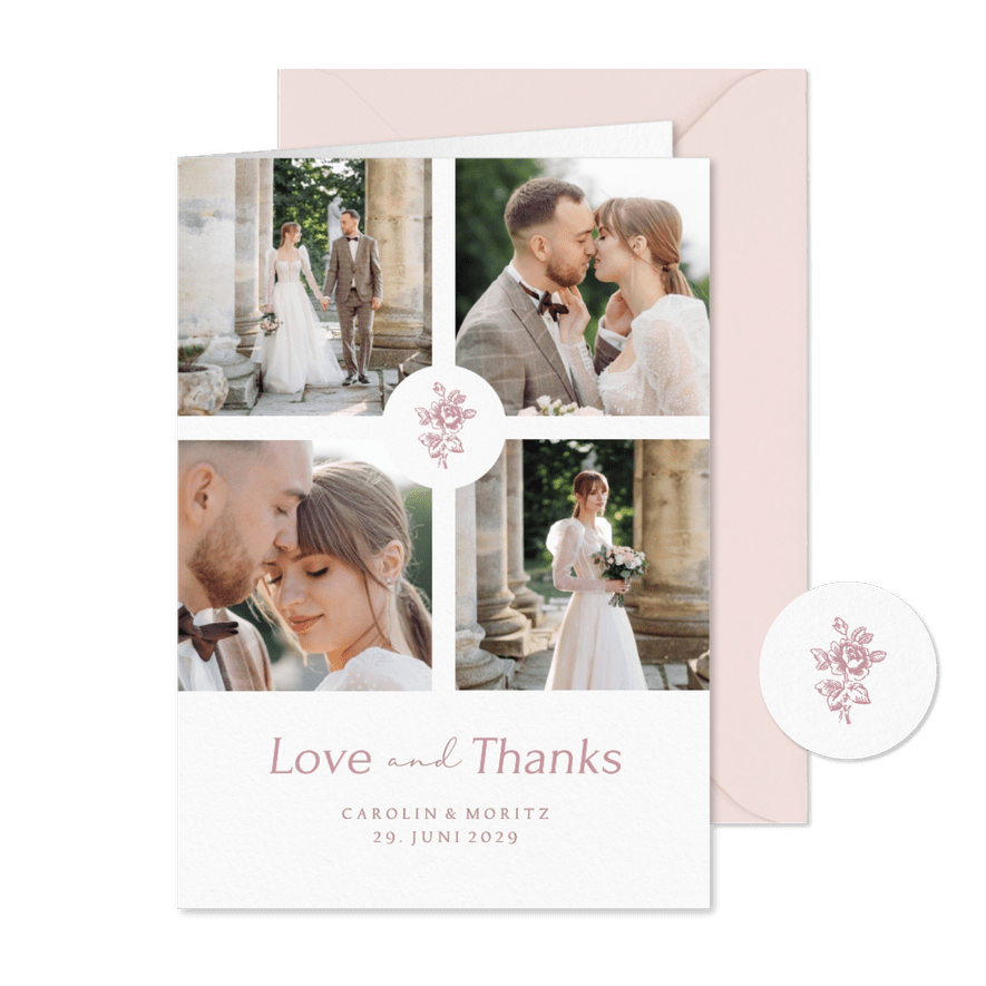 Dankeskarte Hochzeit Fotocollage romantische Rosen rosa - Kartenvorschau