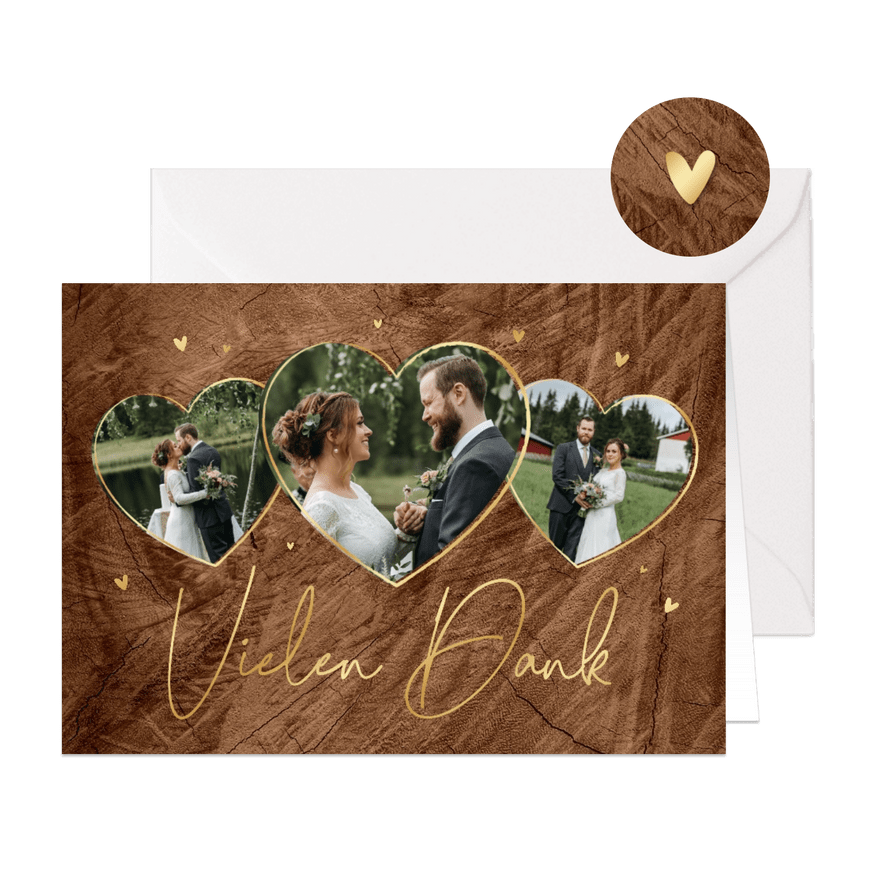 Dankeskarte Hochzeit Fotoherzen & Goldschrift auf Holz - Karteneindruck
