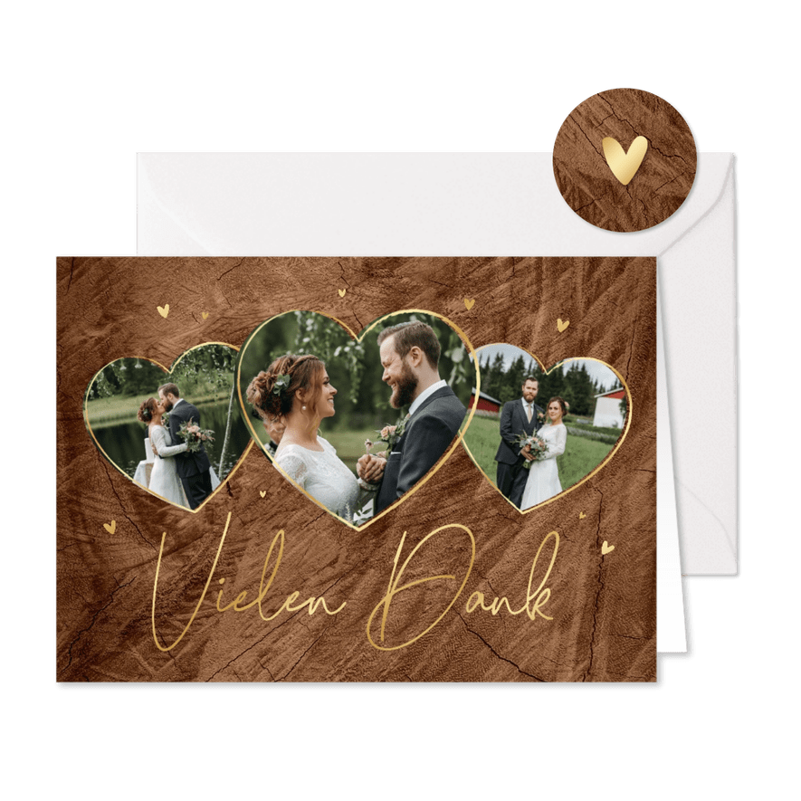 Dankeskarte Hochzeit Fotoherzen & Goldschrift auf Holz - Karteneindruck
