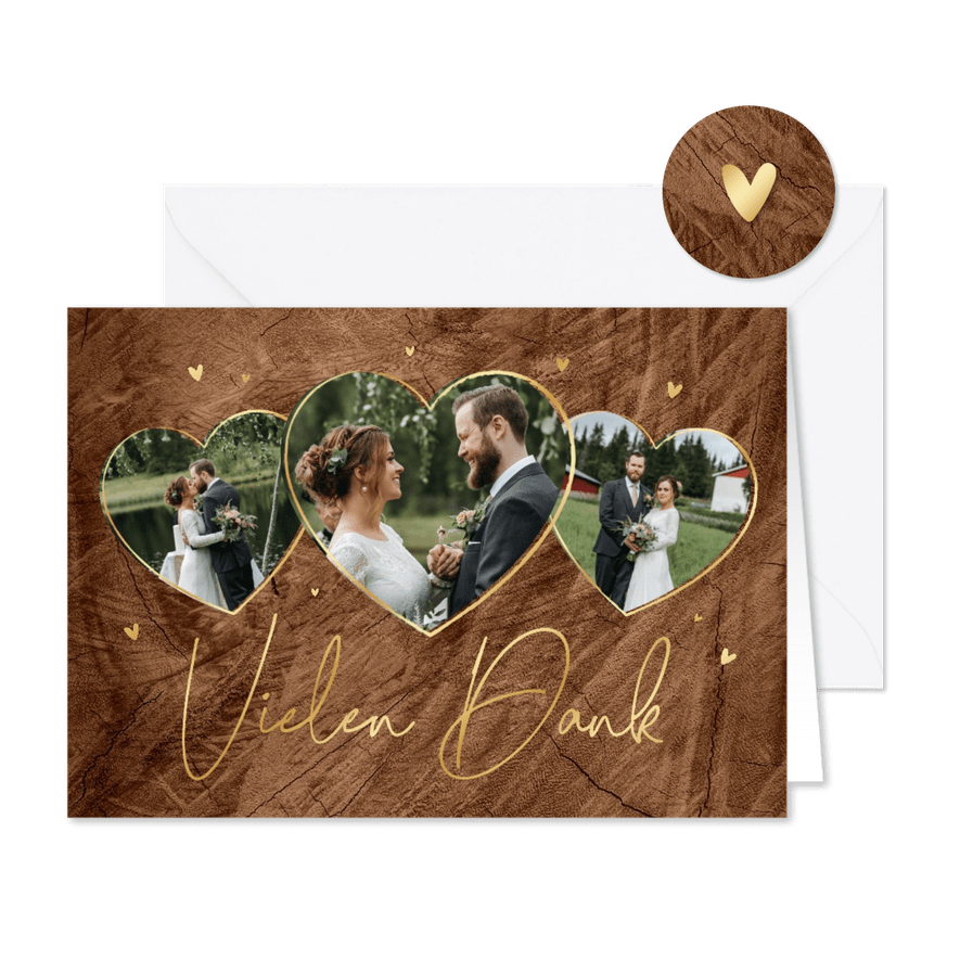 Dankeskarte Hochzeit Fotoherzen & Goldschrift auf Holz - Karteneindruck