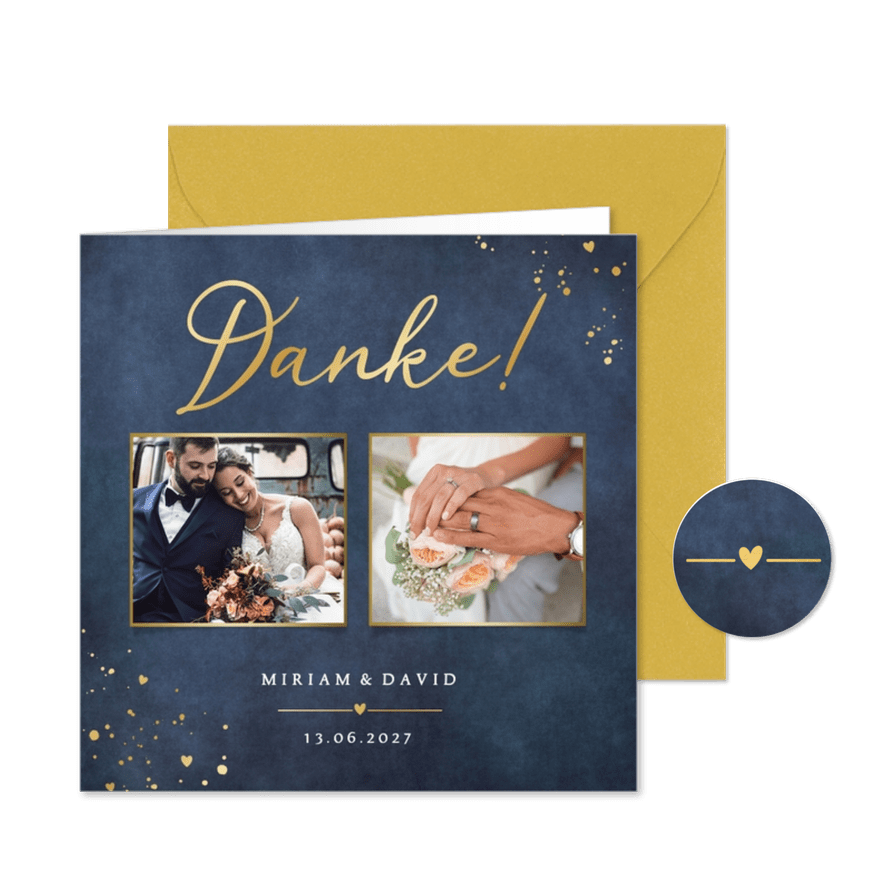 Dankeskarte Hochzeit Fotos Blau mit Gold - Karteneindruck
