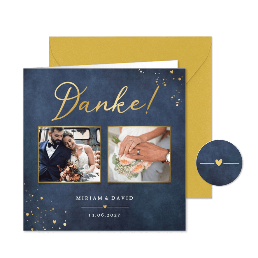 Dankeskarte Hochzeit Fotos Blau mit Gold - Karteneindruck