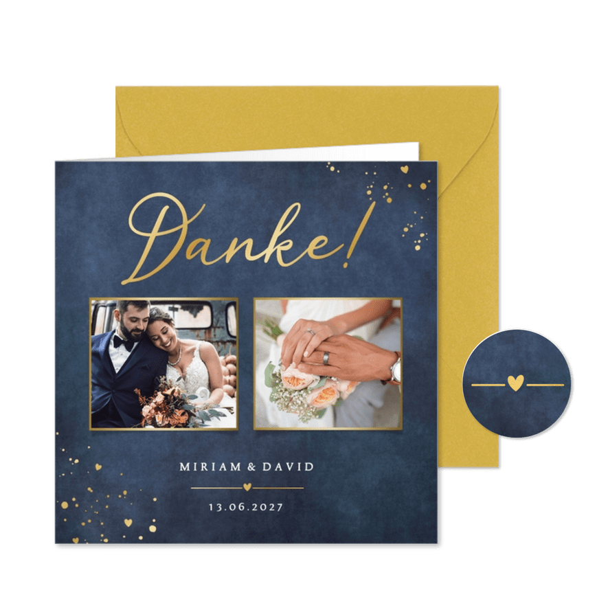 Dankeskarte Hochzeit Fotos Blau mit Gold - Karteneindruck
