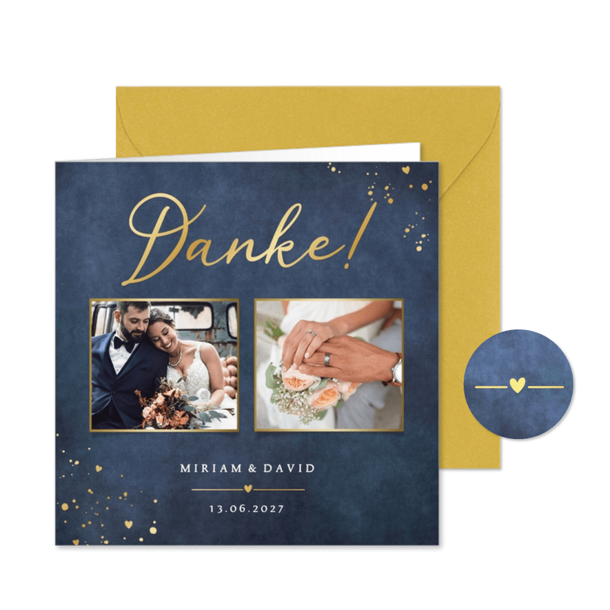 Dankeskarte Hochzeit Fotos Blau mit Gold - Karteneindruck
