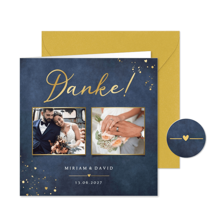 Dankeskarte Hochzeit Fotos Blau mit Gold - Karteneindruck
