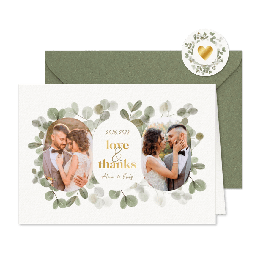 Dankeskarte Hochzeit Fotos, Gold & Eukalyptuskranz - Karteneindruck
