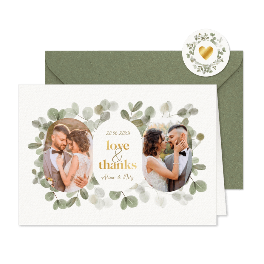 Dankeskarte Hochzeit Fotos, Gold & Eukalyptuskranz - Karteneindruck