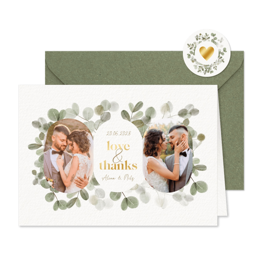 Dankeskarte Hochzeit Fotos, Gold & Eukalyptuskranz - Karteneindruck