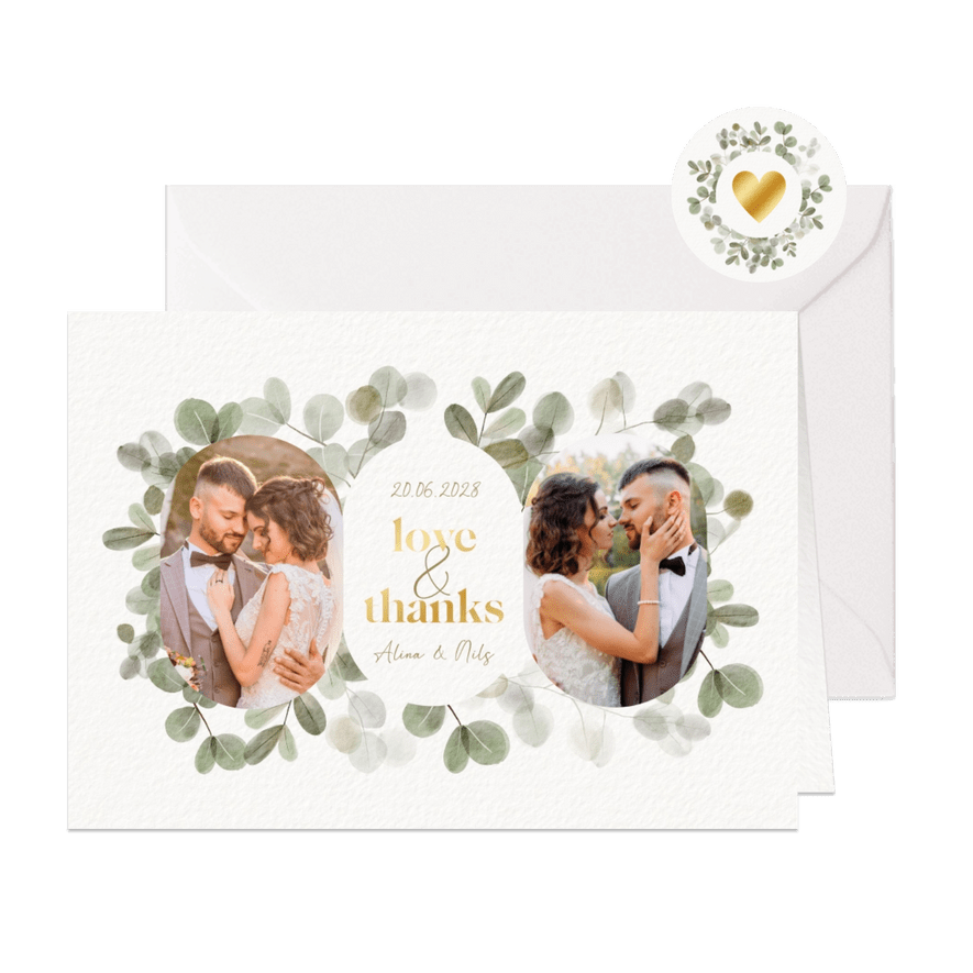 Dankeskarte Hochzeit Fotos, Gold & Eukalyptuskranz - Karteneindruck
