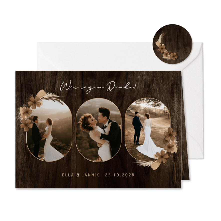 Dankeskarte Hochzeit Fotoserie Holz mit Trockenblumen - Karteneindruck
