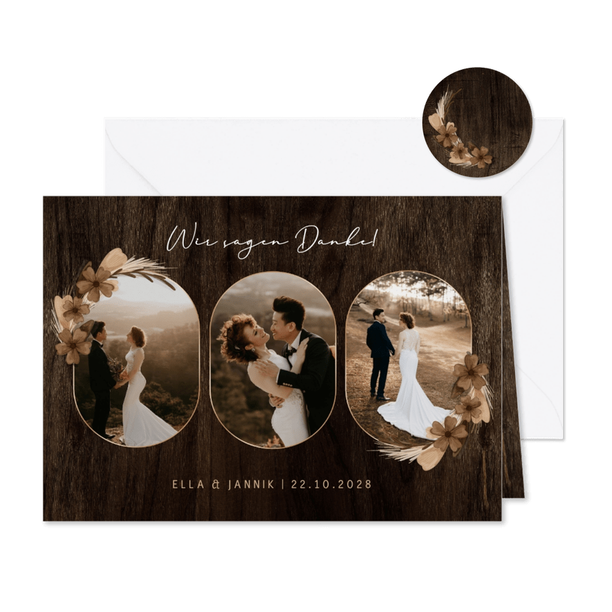 Dankeskarte Hochzeit Fotoserie Holz mit Trockenblumen - Karteneindruck
