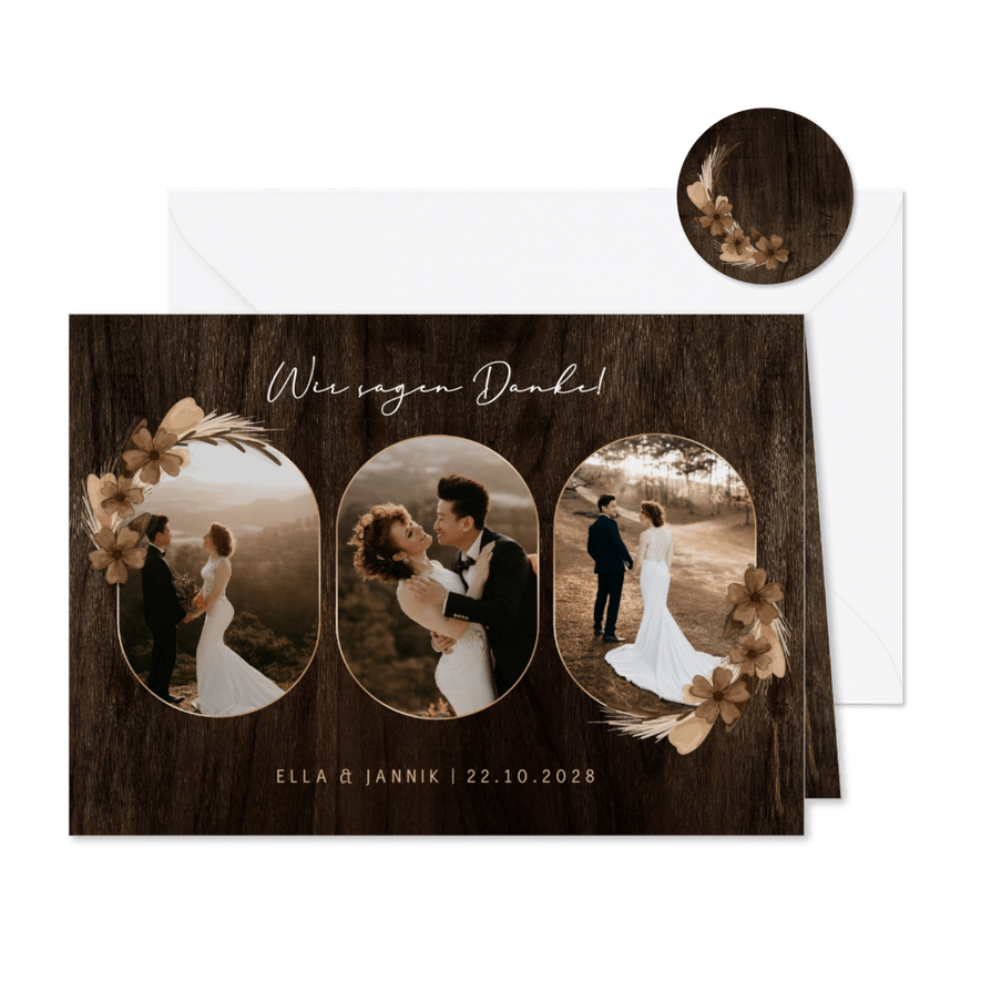 Dankeskarte Hochzeit Fotoserie Holz mit Trockenblumen - Karteneindruck
