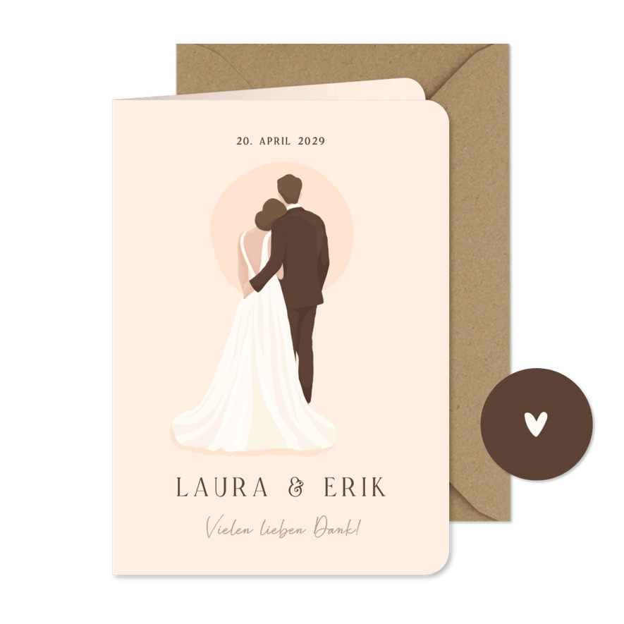 Dankeskarte Hochzeit illustriertes Brautpaar  - Karteneindruck
