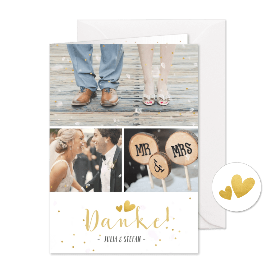 Dankeskarte Hochzeit mit 3 Fotos und goldener Schrift - Karteneindruck
