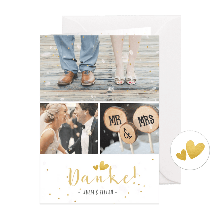 Dankeskarte Hochzeit mit 3 Fotos und goldener Schrift - Karteneindruck
