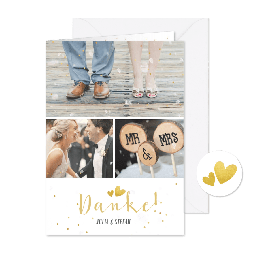 Dankeskarte Hochzeit mit 3 Fotos und goldener Schrift - Kartenvorschau
