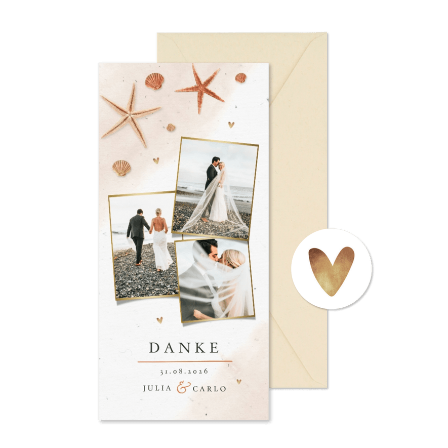 Dankeskarte Hochzeit mit eigenen Fotos, Seestern & Muscheln - Kartenvorschau