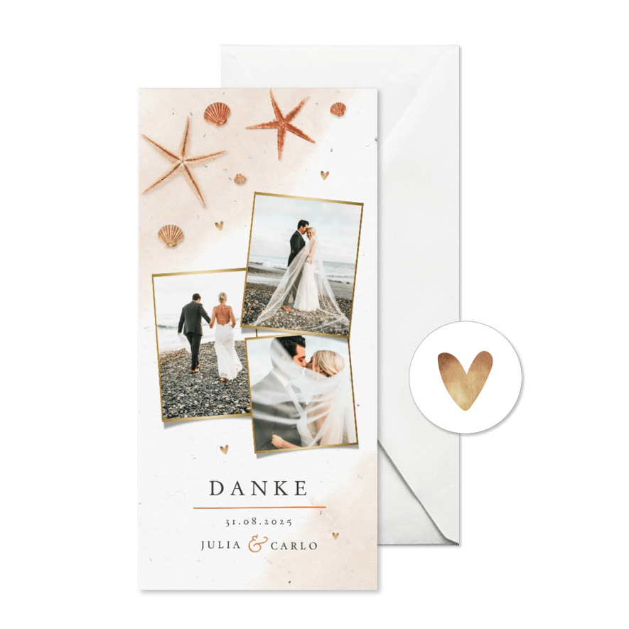 Dankeskarte Hochzeit mit eigenen Fotos, Seestern & Muscheln - Karteneindruck
