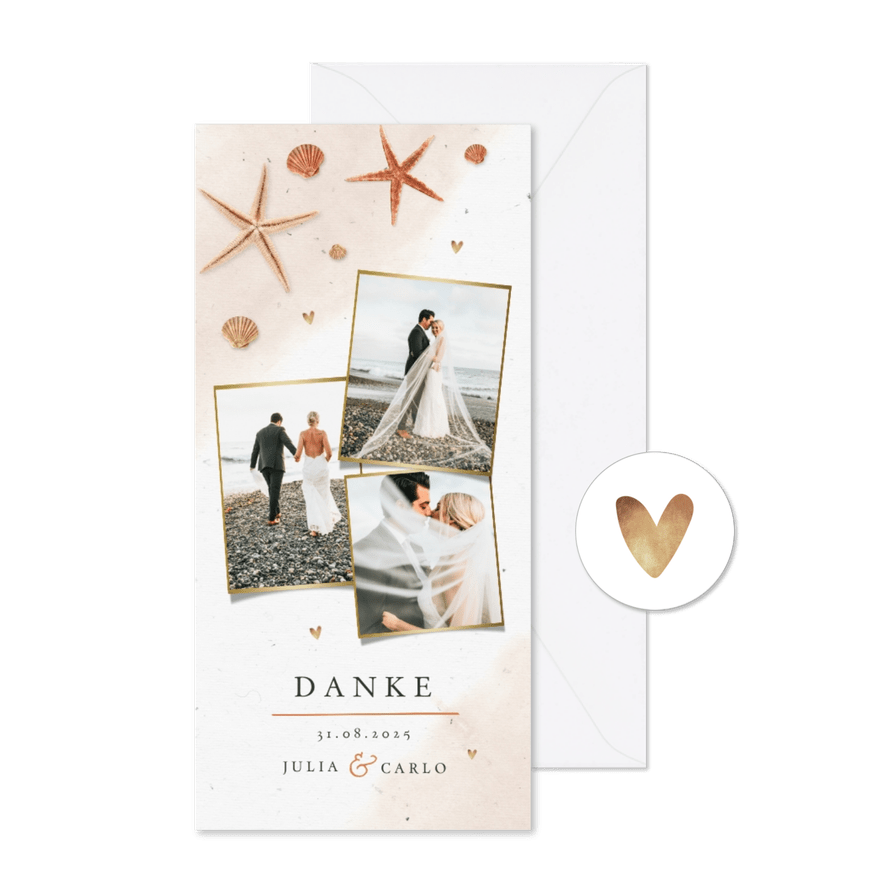 Dankeskarte Hochzeit mit eigenen Fotos, Seestern & Muscheln - Karteneindruck
