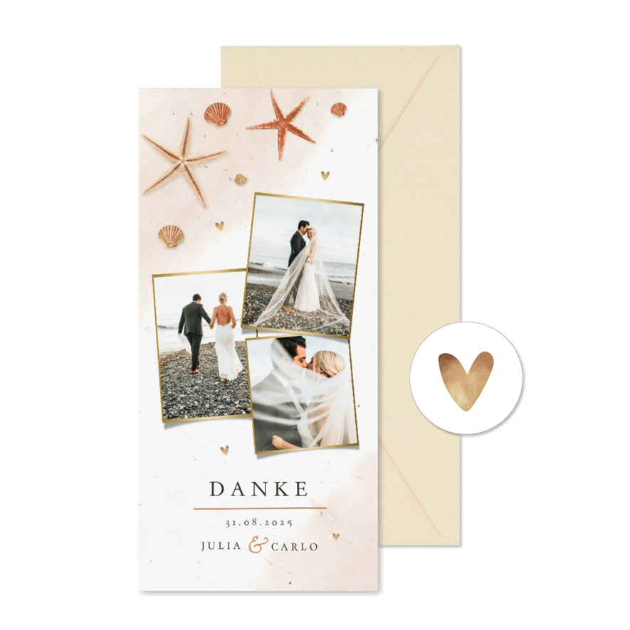 Dankeskarte Hochzeit mit eigenen Fotos, Seestern & Muscheln - Karteneindruck