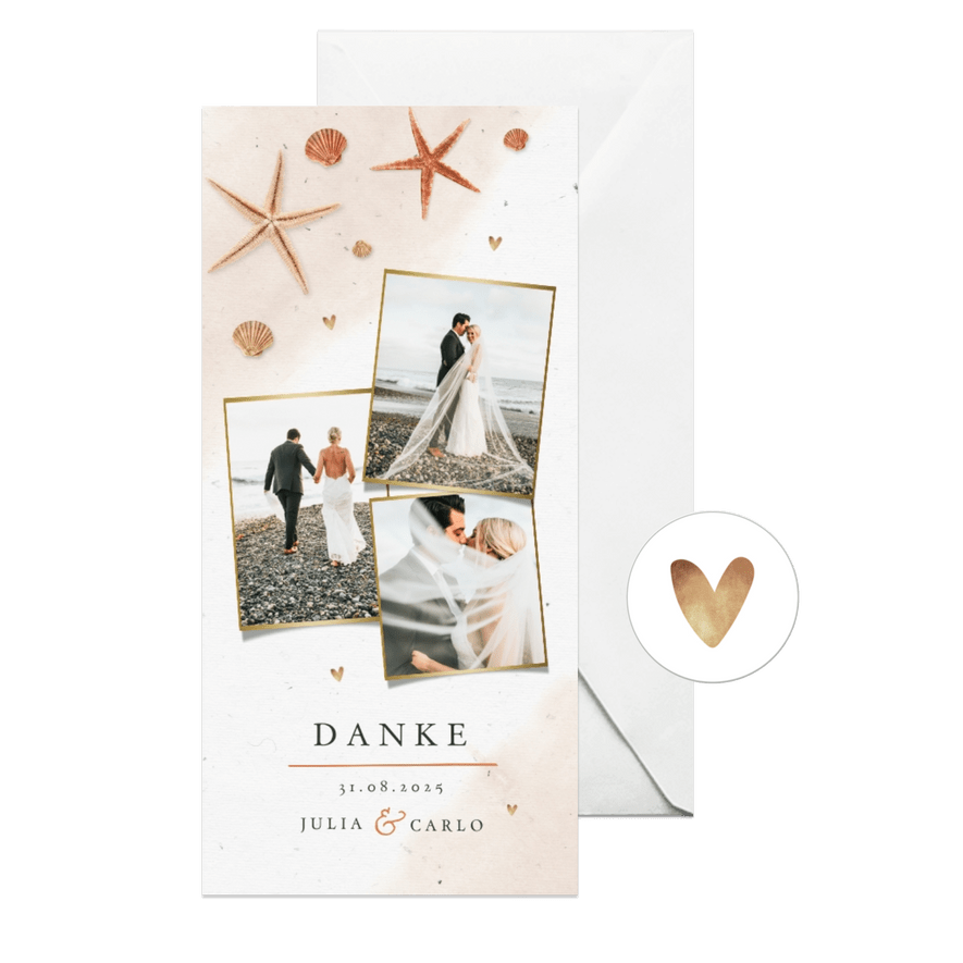 Dankeskarte Hochzeit mit eigenen Fotos, Seestern & Muscheln - Karteneindruck
