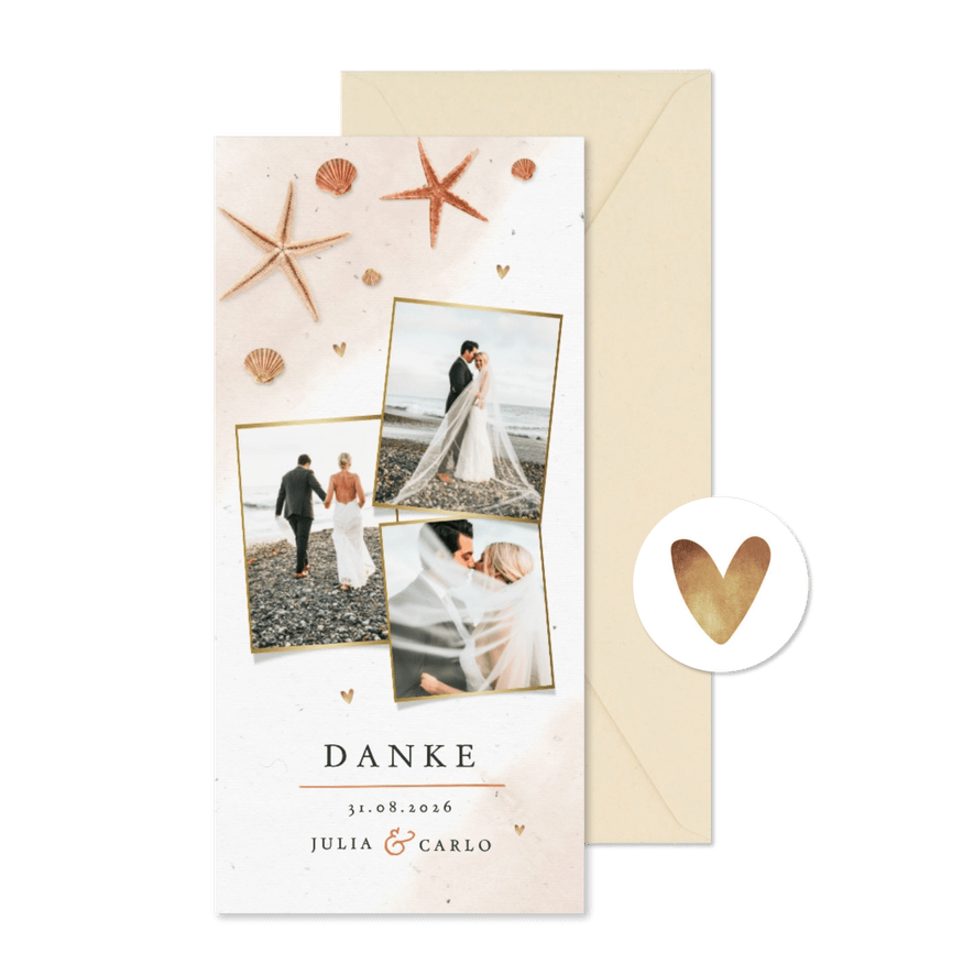 Dankeskarte Hochzeit mit eigenen Fotos, Seestern & Muscheln - Kartenvorschau