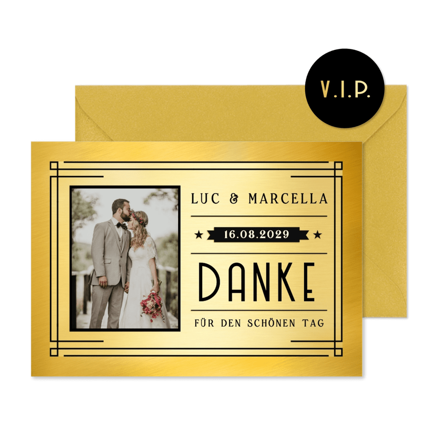 Dankeskarte Hochzeit mit Foto Artdeco-Look  - Karteneindruck
