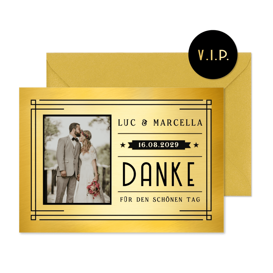 Dankeskarte Hochzeit mit Foto Artdeco-Look - Karteneindruck