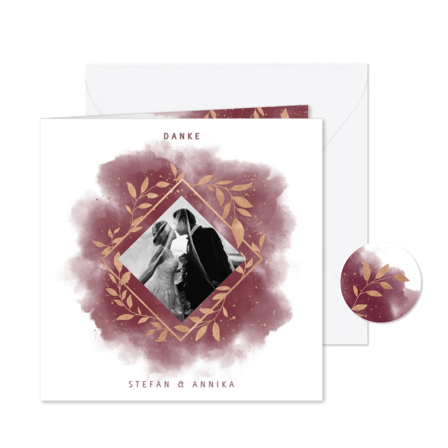 Dankeskarte Hochzeit mit Foto in rot mit goldenen Zweigen - Karteneindruck
