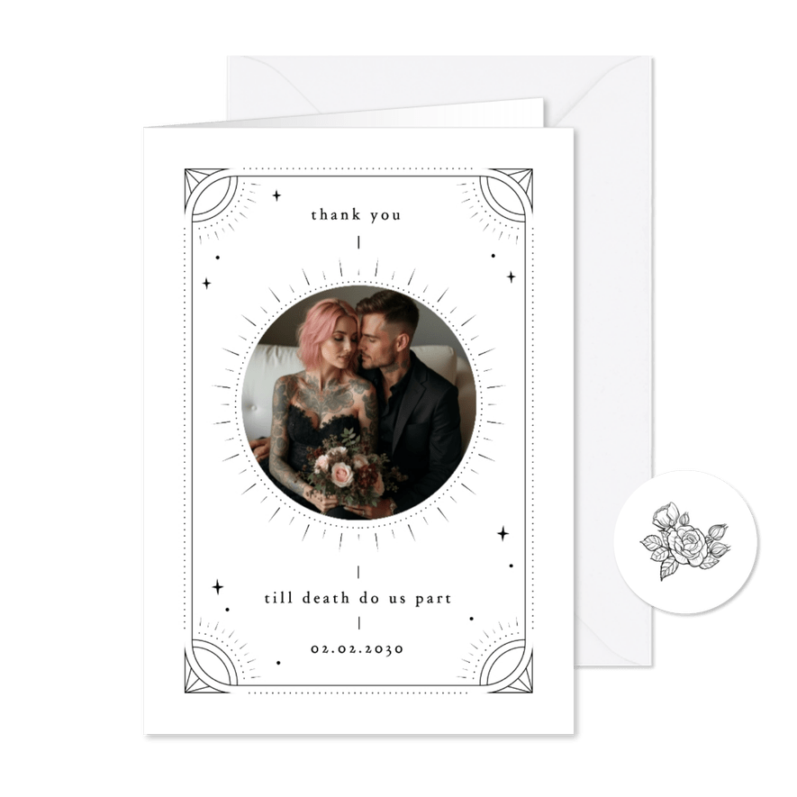 Dankeskarte Hochzeit mit Foto Retro Tattoo Stil  - Karteneindruck
