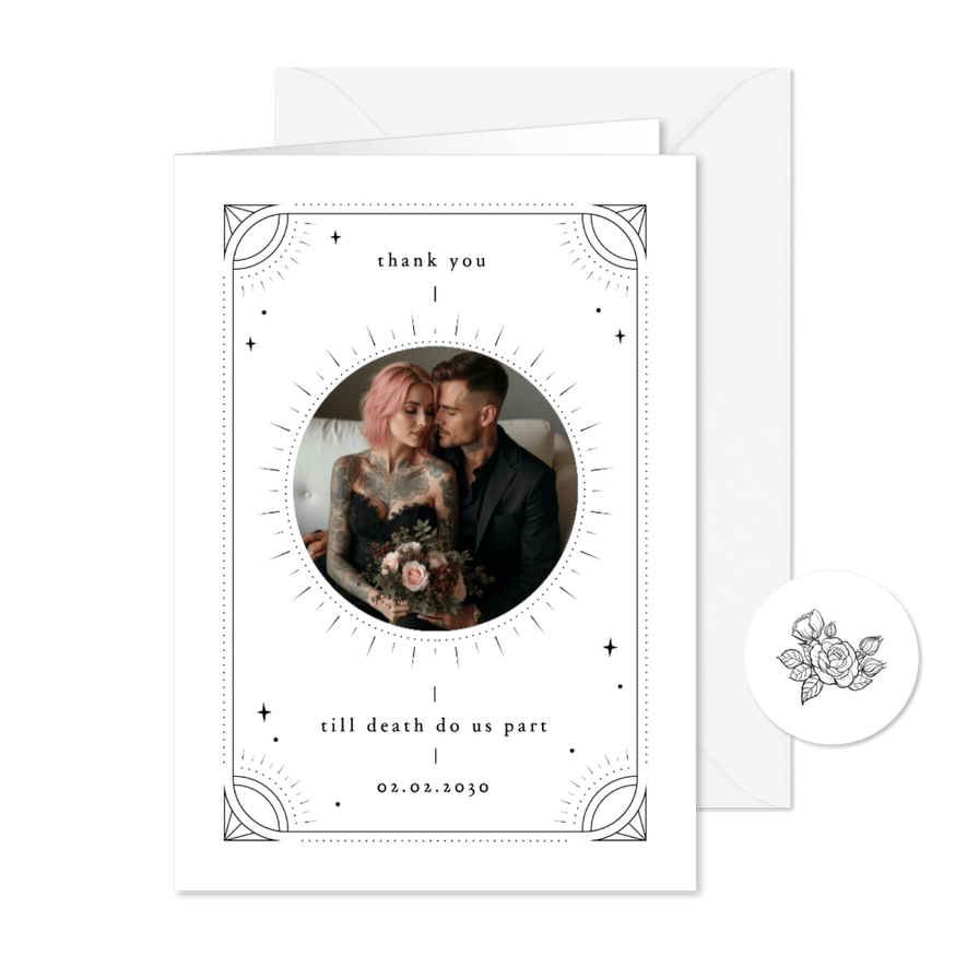 Dankeskarte Hochzeit mit Foto Retro Tattoo Stil - Kartenvorschau