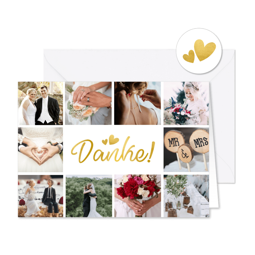 Dankeskarte Hochzeit mit Fotocollage und goldenen Herzen - Karteneindruck
