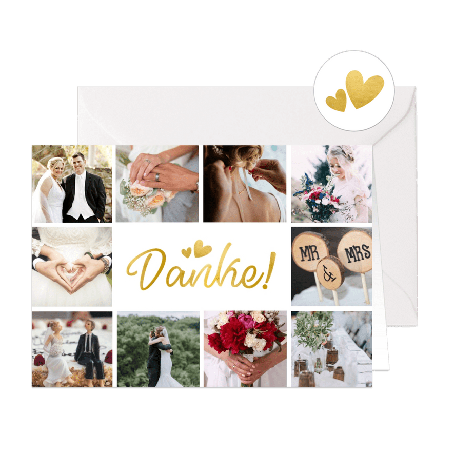 Dankeskarte Hochzeit mit Fotocollage und goldenen Herzen - Karteneindruck
