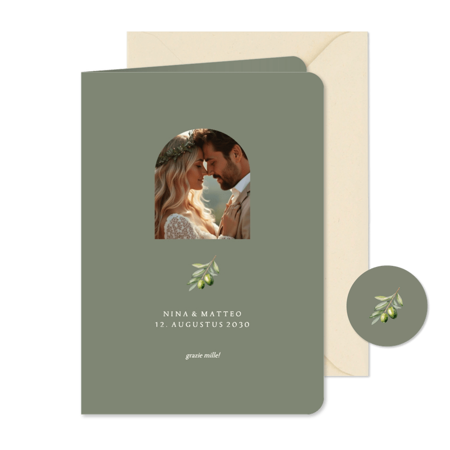 Dankeskarte Hochzeit Olivenzweig mit Foto - Karteneindruck