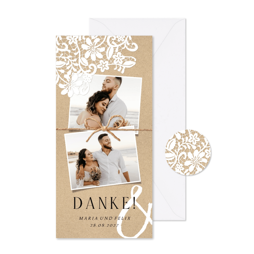 Dankeskarte Hochzeit Spitze romantisch Kraftpapierlook - Kartenvorschau