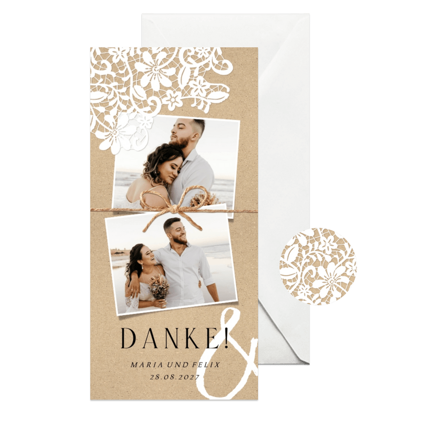 Dankeskarte Hochzeit Spitze romantisch Kraftpapierlook - Karteneindruck
