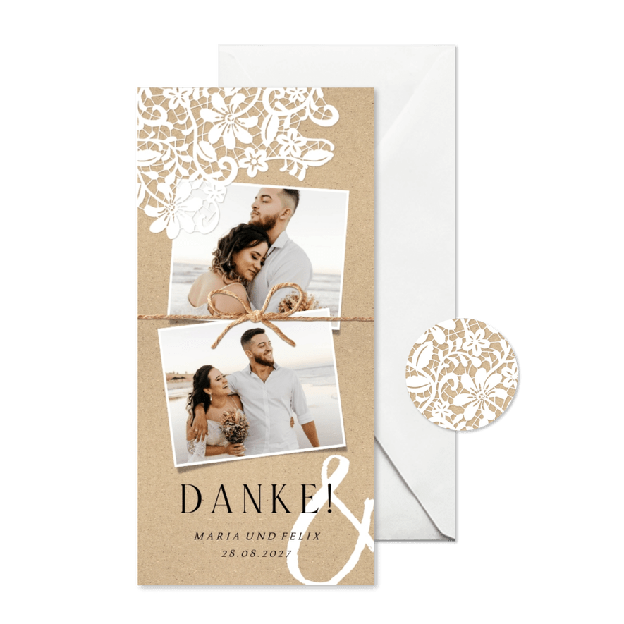 Dankeskarte Hochzeit Spitze romantisch Kraftpapierlook - Karteneindruck
