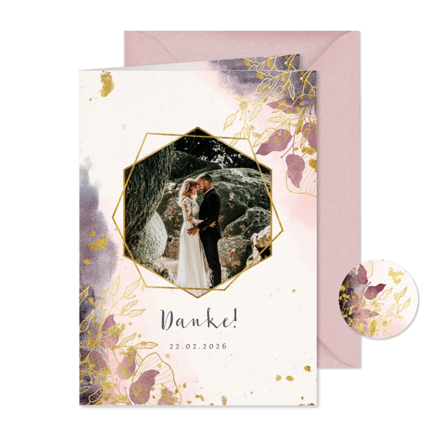 Dankeskarte Hochzeit stilvolle Blumen und Foto - Kartenvorschau